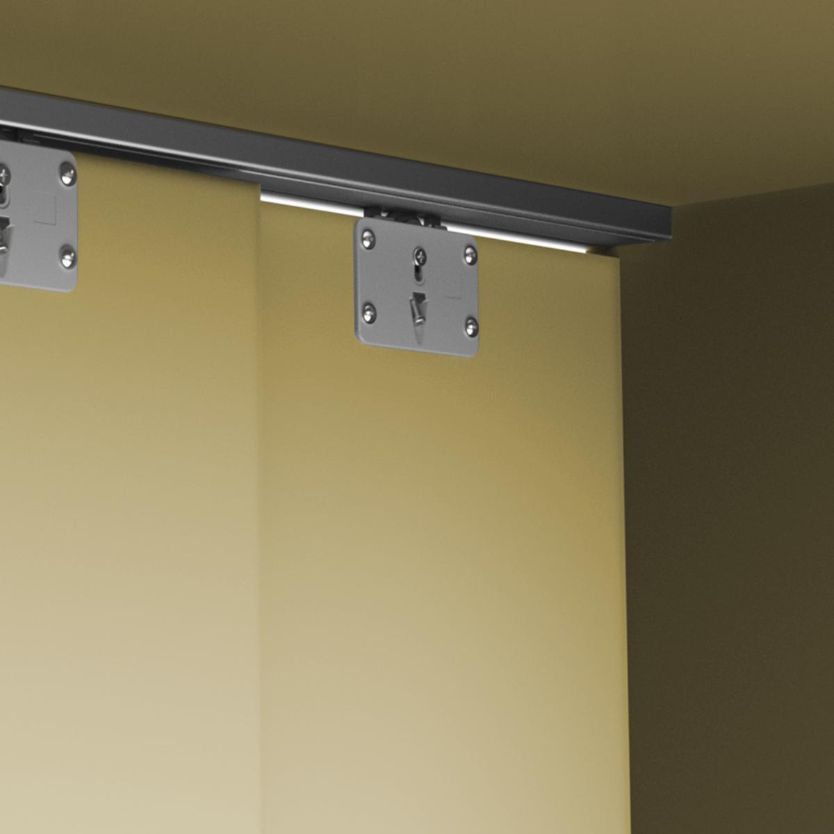 Sistema Flow de superficie en formato kit para un armario de 2 puertas correderas de madera apoyadas con cierre suave