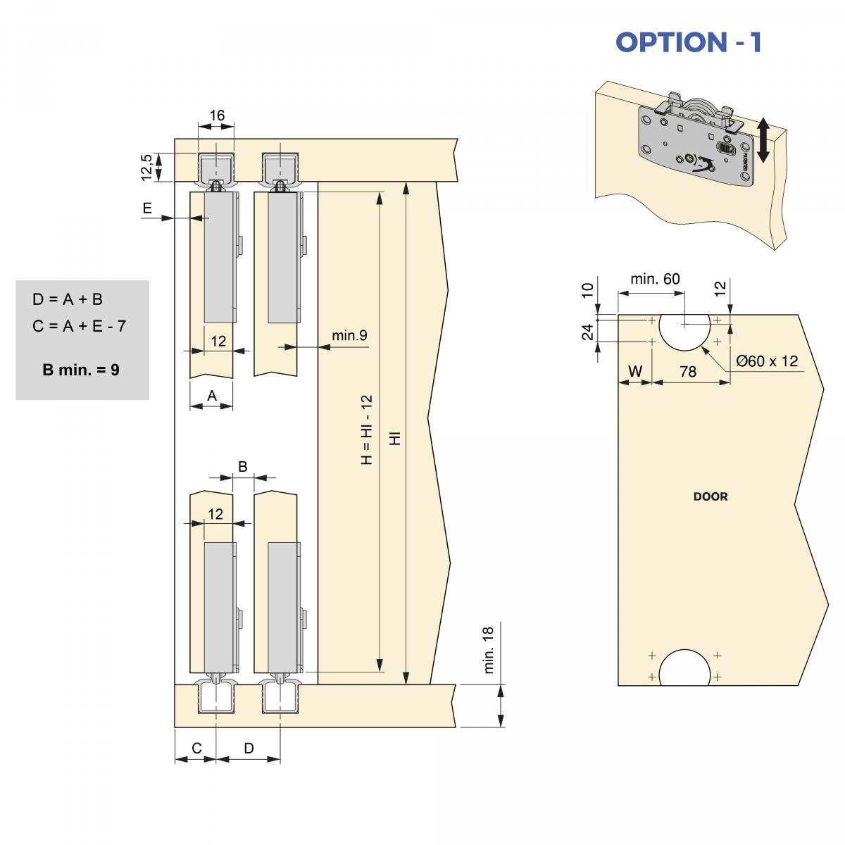 Sistema Flow 2 en formato kit para un armario de 2 puertas correderas de madera apoyadas con cierre suave
