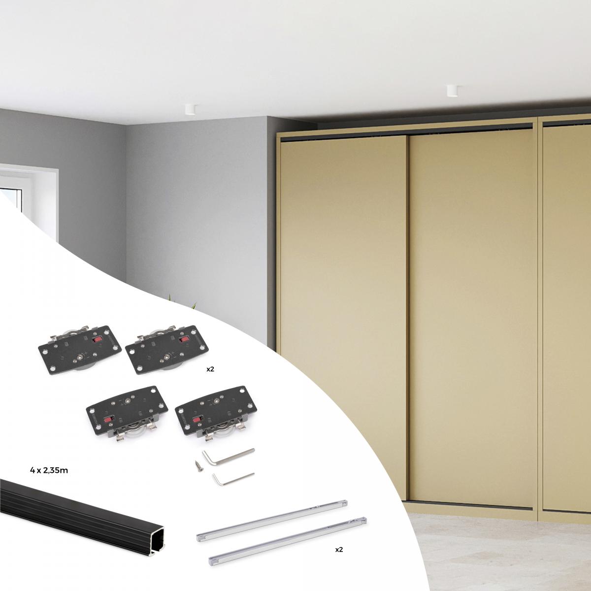 Sistema Flow 2 en formato kit para un armario de 2 puertas correderas de madera apoyadas con cierre suave