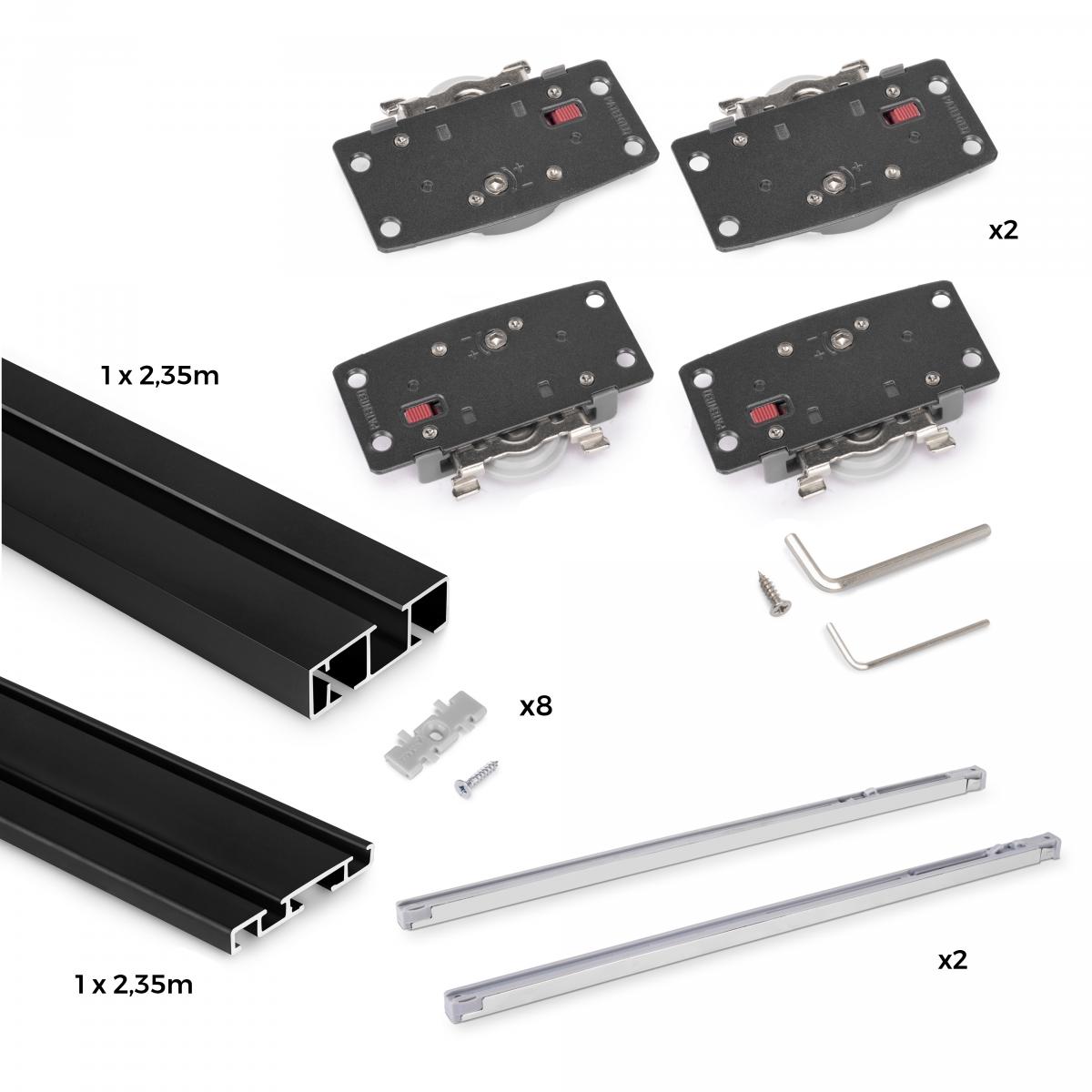 Sistema Flow 2 de superficie en formato kit para un armario de 2 puertas correderas de madera apoyadas con cierre suave