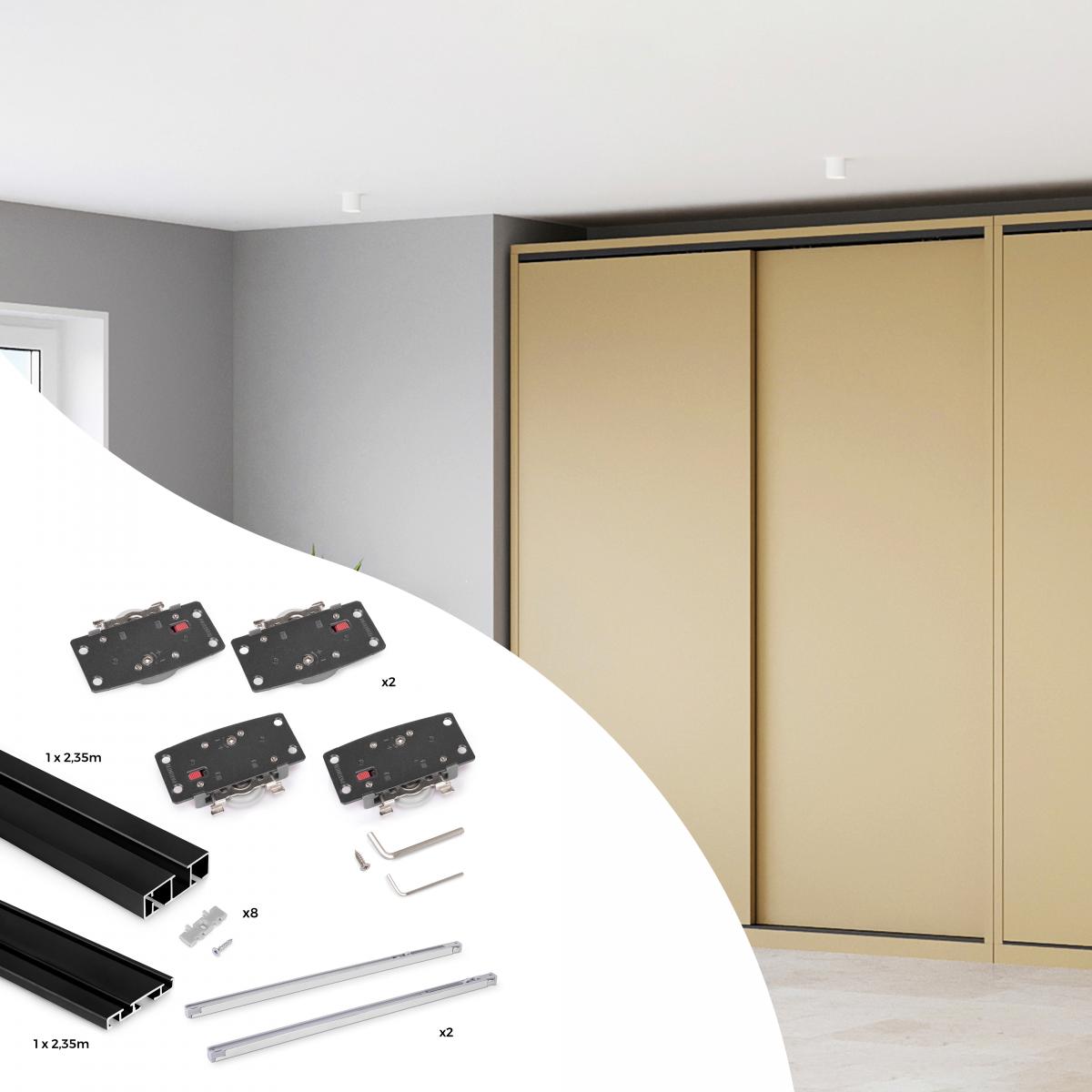 Sistema Flow 2 de superficie en formato kit para un armario de 2 puertas correderas de madera apoyadas con cierre suave