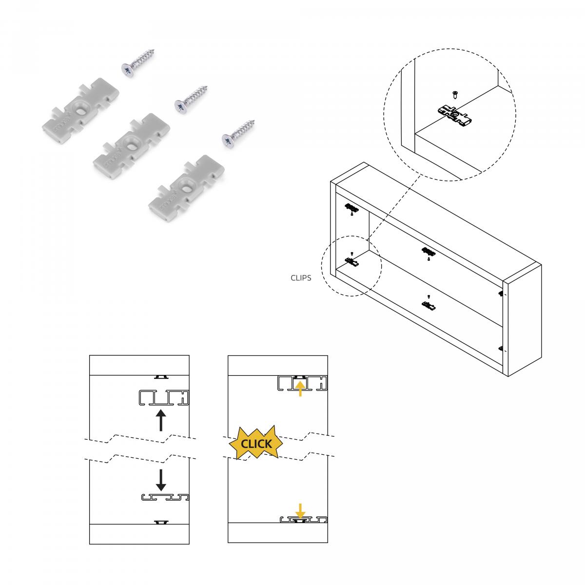Sistema Flow 2 de superficie en formato kit para un armario de 2 puertas correderas de madera apoyadas con cierre suave