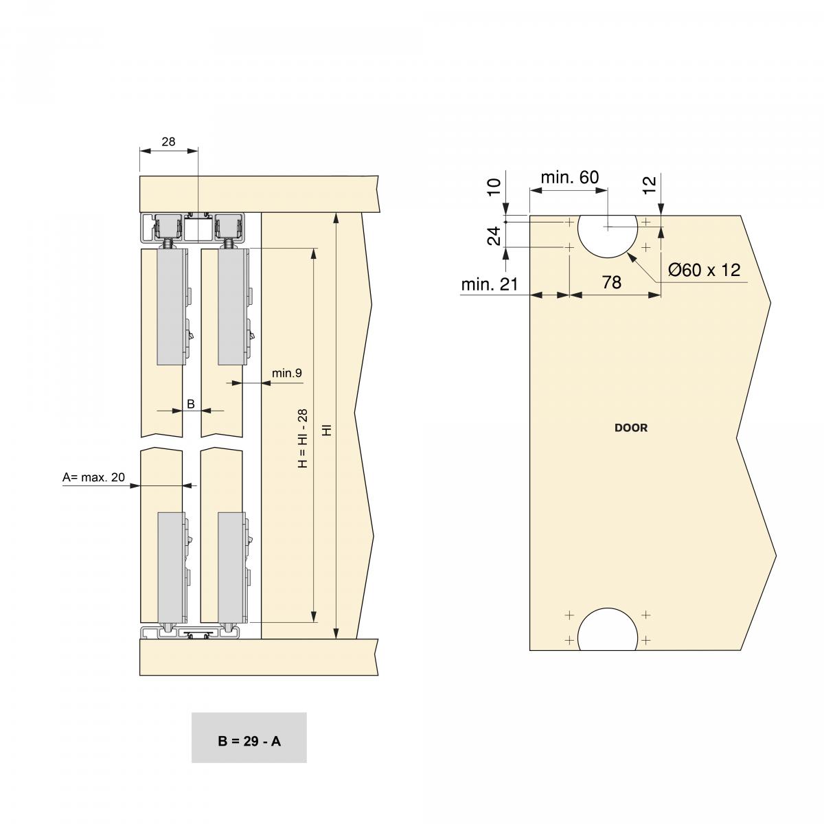 Sistema Flow 2 de superficie en formato kit para un armario de 2 puertas correderas de madera apoyadas con cierre suave