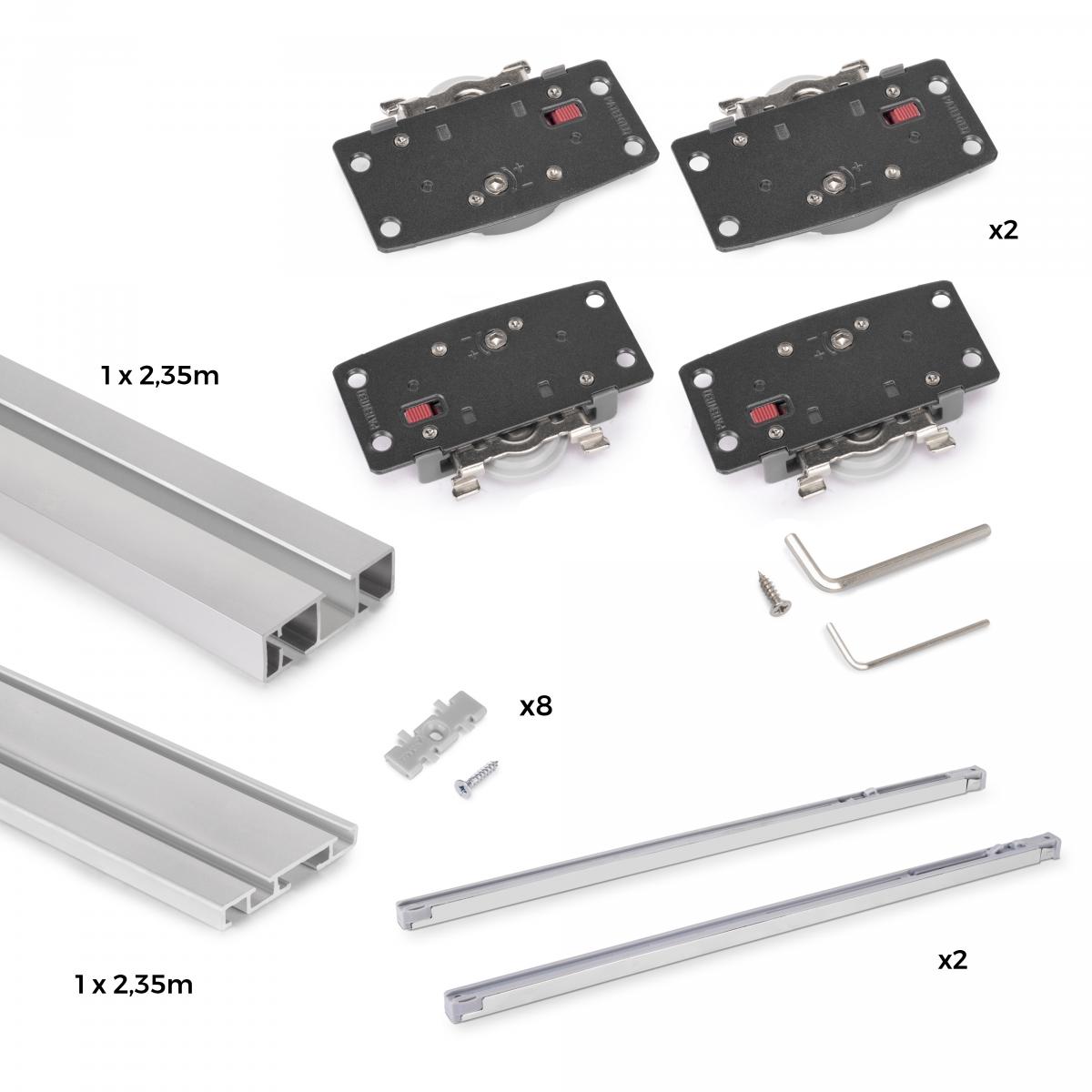Sistema Flow 2 de superficie en formato kit para un armario de 2 puertas correderas de madera apoyadas con cierre suave