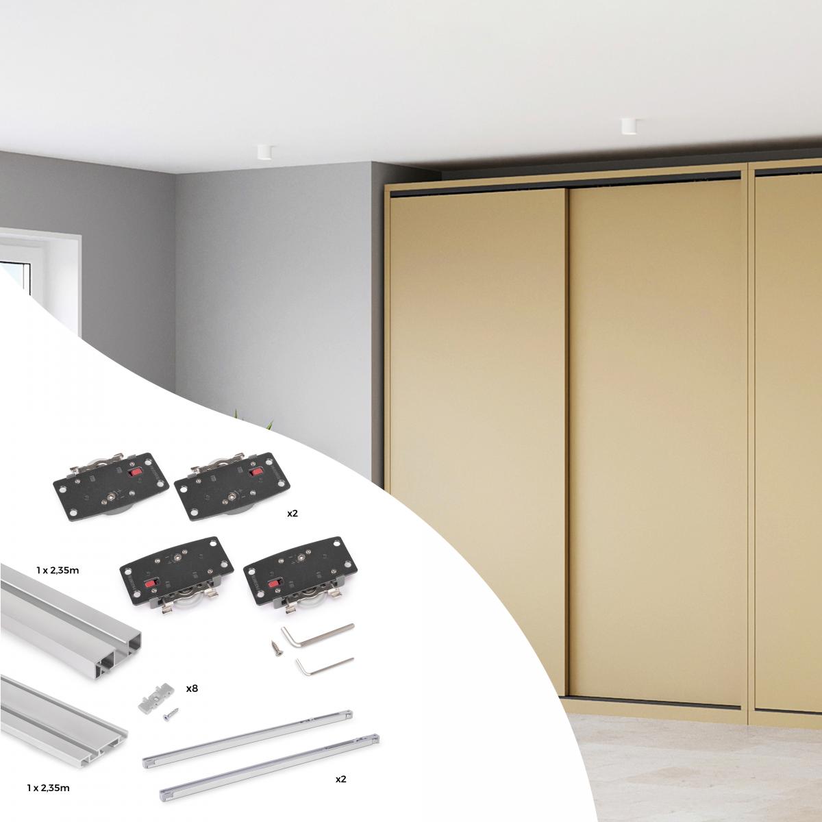 Sistema Flow 2 de superficie en formato kit para un armario de 2 puertas correderas de madera apoyadas con cierre suave