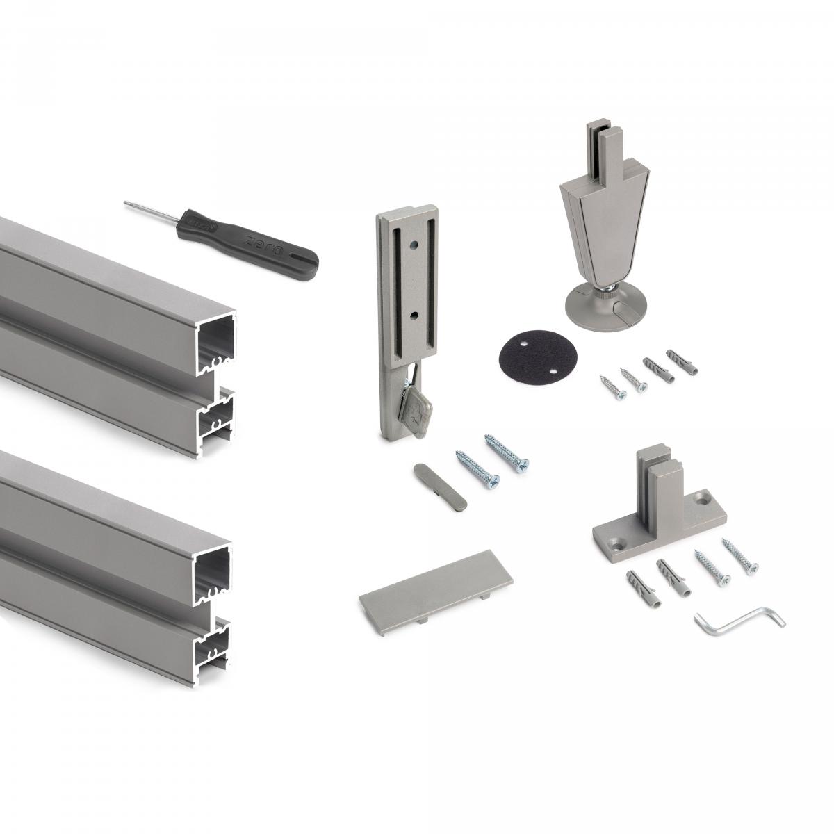 Kit estructura modular Zero con herrajes y perfiles para montaje al suelo y a pared con nivelador circular