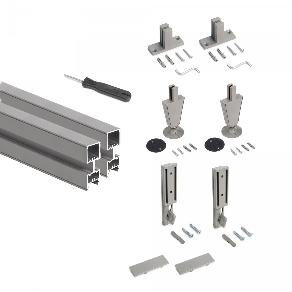Kit estructura modular Zero con herrajes y perfiles para montaje al suelo y a pared con nivelador circular