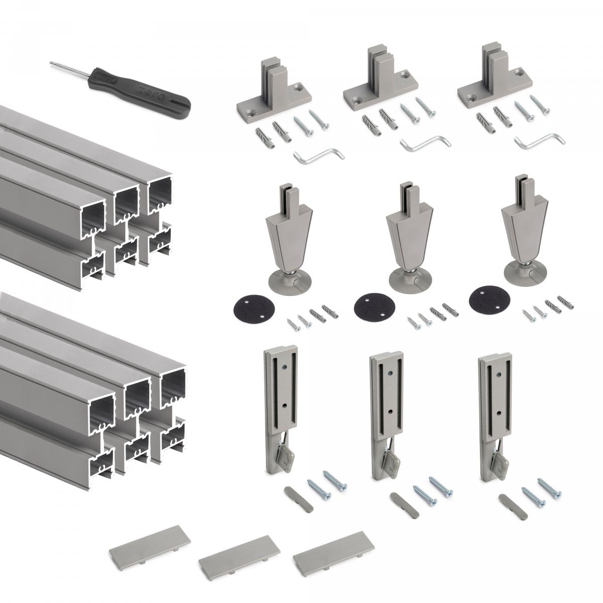 Kit estructura modular Zero con herrajes y perfiles para montaje al suelo y a pared con nivelador circular