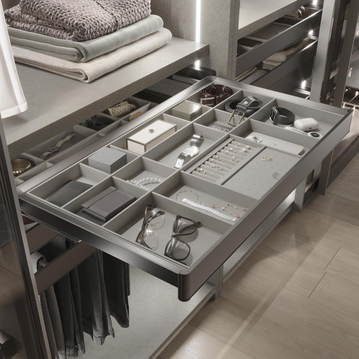 Kit de cajón organizador y bastidor regulable Quartz para armarios, guías de cierre suave y extracción total