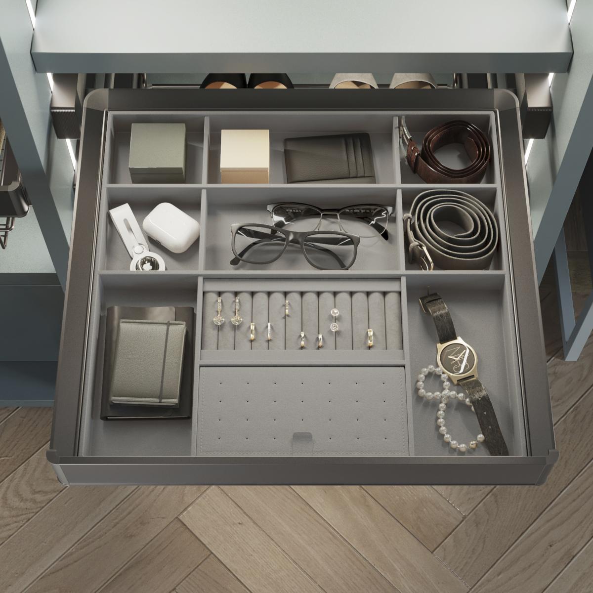 Kit de cajón organizador y bastidor regulable Quartz para armarios, guías de cierre suave y extracción total