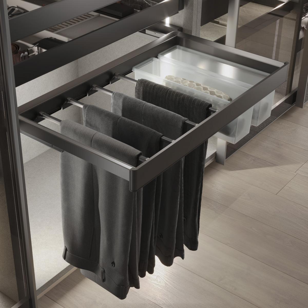 Kit de pantalonero de 7 varillas y bastidor regulable Quartz para armarios, guías de cierre suave y extracción total