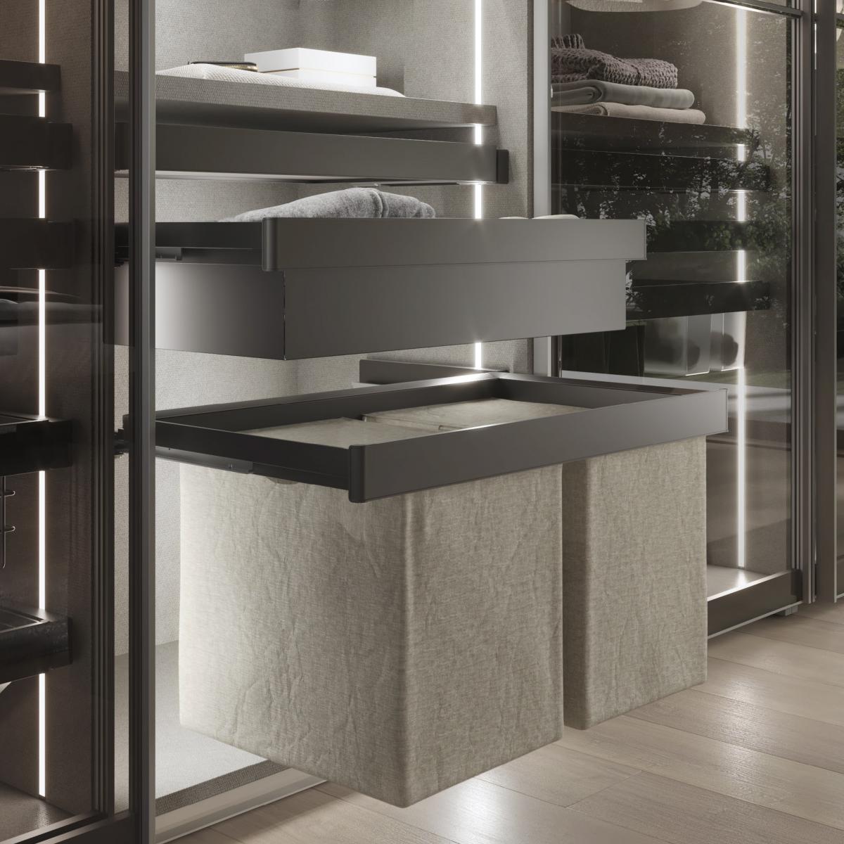 Kit de bandeja auxiliar, cesto y bastidor regulable Quartz para armarios, guías de cierre suave y extracción total