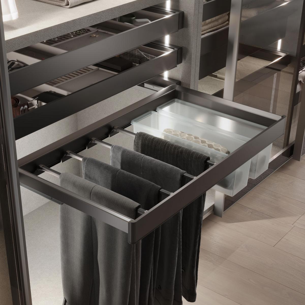 Kit de pantalonero de 7 varillas, cesto y bastidor regulable Quartz para armarios, guías de cierre suave y extracción total