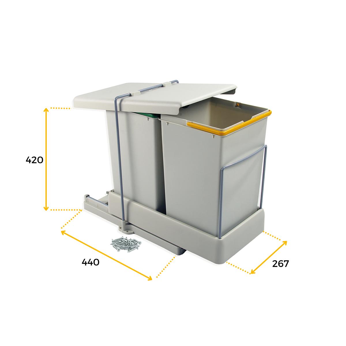 Contenedor de reciclaje de fijación inferior y extracción automática con 2 vasos de 14 litros