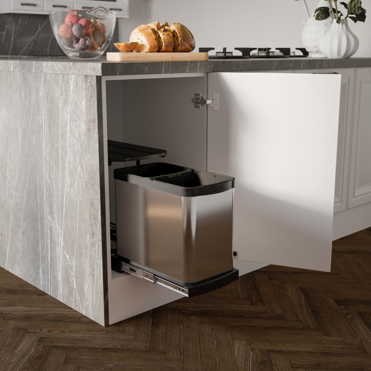 Contenedores de reciclaje Recycle Inox para cocina, 2 x 12 L, fijación inferior y extracción manual-automática