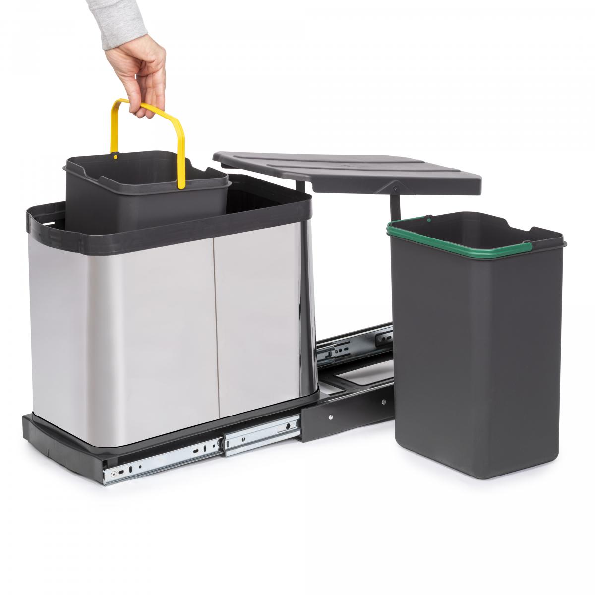 Contenedores de reciclaje Recycle Inox para cocina, 2 x 12 L, fijación inferior y extracción manual-automática