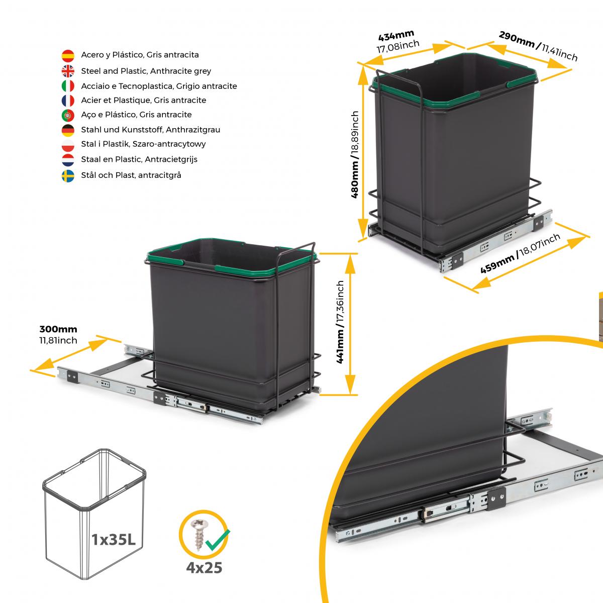 Contenedor de reciclaje Recycle de 35 L para cocina, fijación inferior y extracción manual
