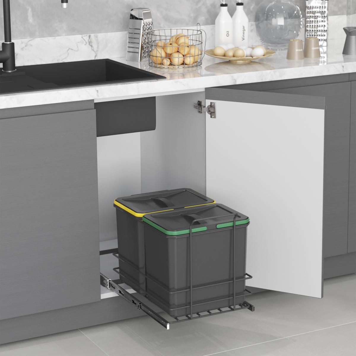 Contenedores de reciclaje Recycle para cocina, 2 x 16 L, fijación inferior y extracción manual