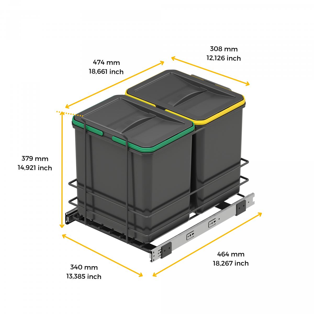 Contenedores de reciclaje Recycle para cocina, 2 x 16 L, fijación inferior y extracción manual