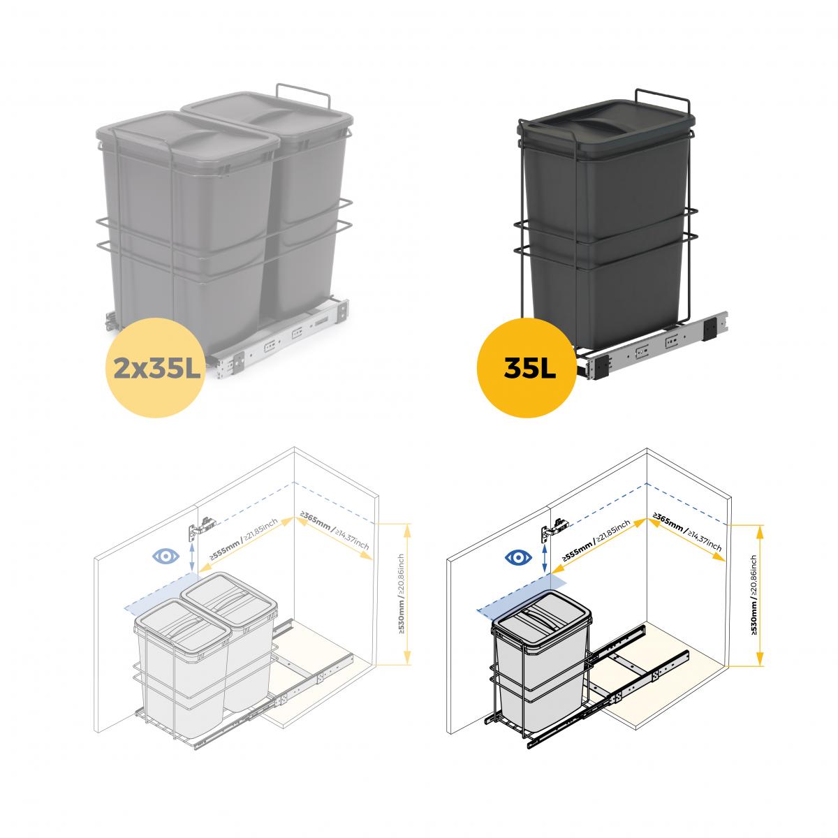 Contenedores de reciclaje Recycle para cocina, 1 x 35 L, fijación inferior y extracción manual
