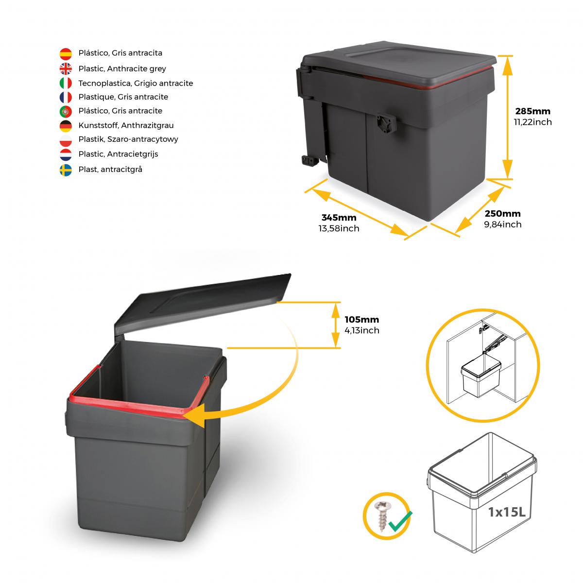 Contenedor de reciclaje Recyle para fijación a puerta con vaso de 15 Litros