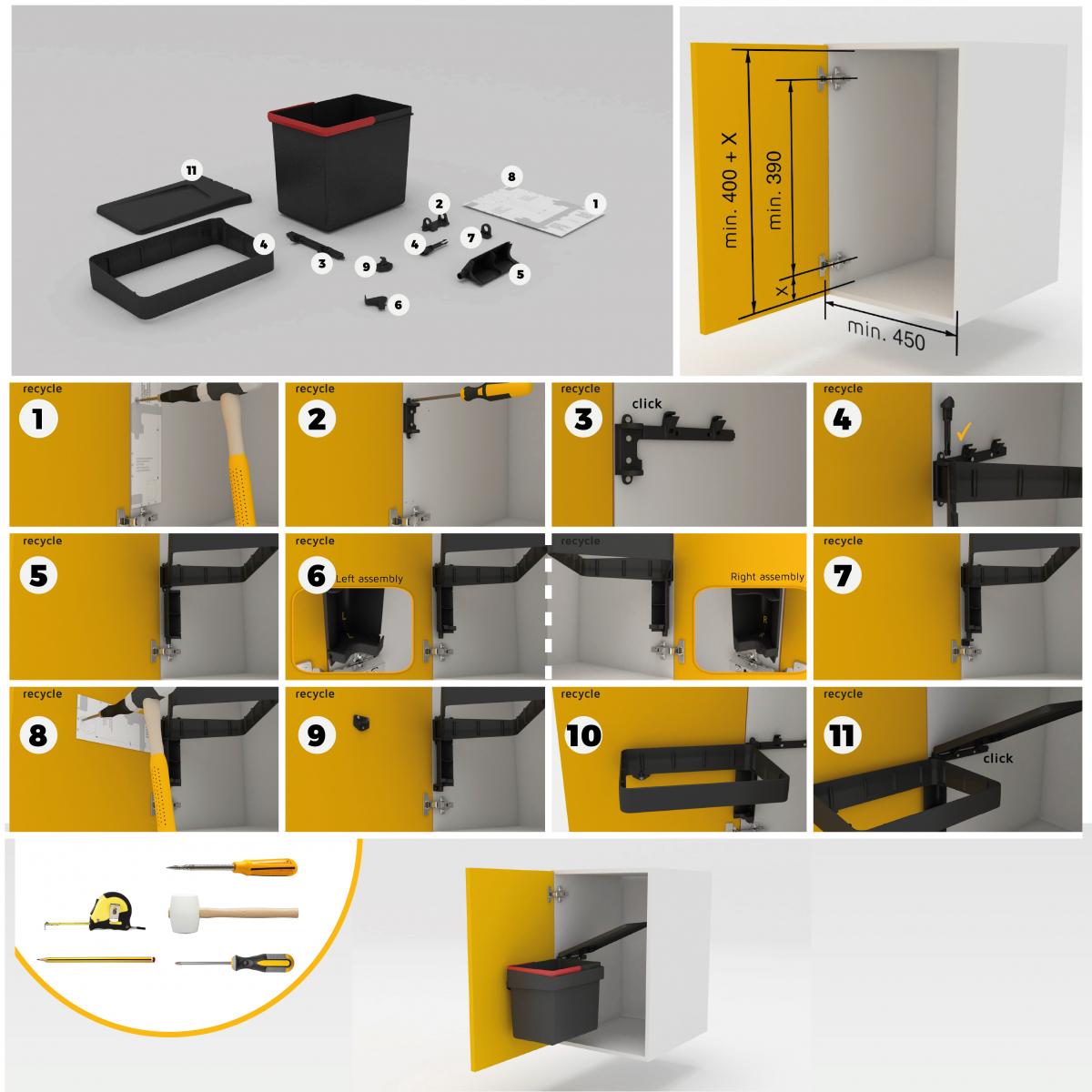Contenedor de reciclaje Recyle para fijación a puerta con vaso de 15 Litros