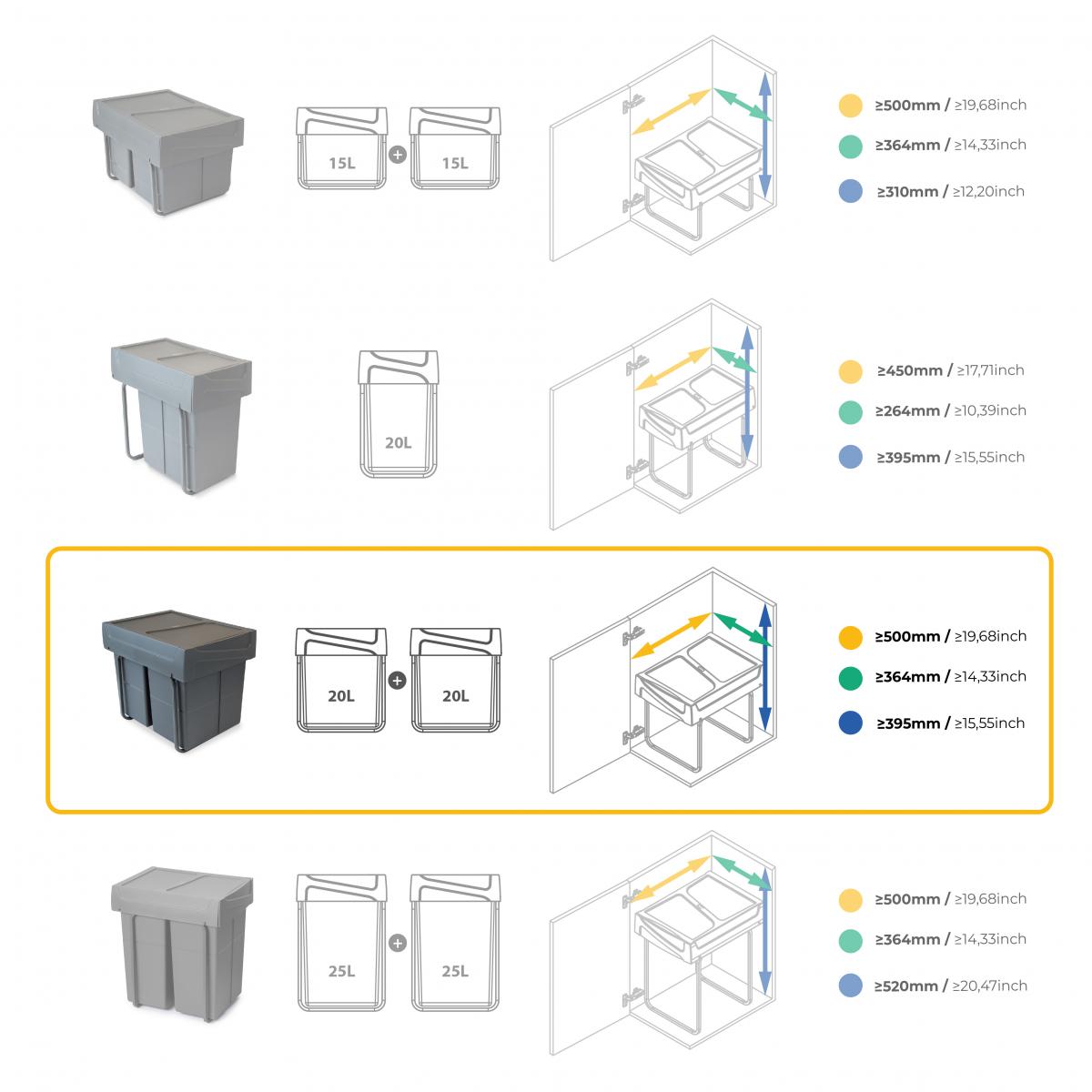 Contenedores de reciclaje Recycle para cocina, 2 x 20 L, fijación inferior y extracción manual.