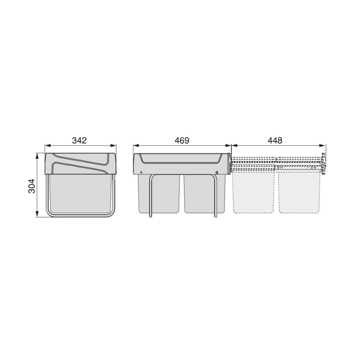 Contenedores de reciclaje para cocina, 2 x 15 L, fijación inferior y extracción manual.