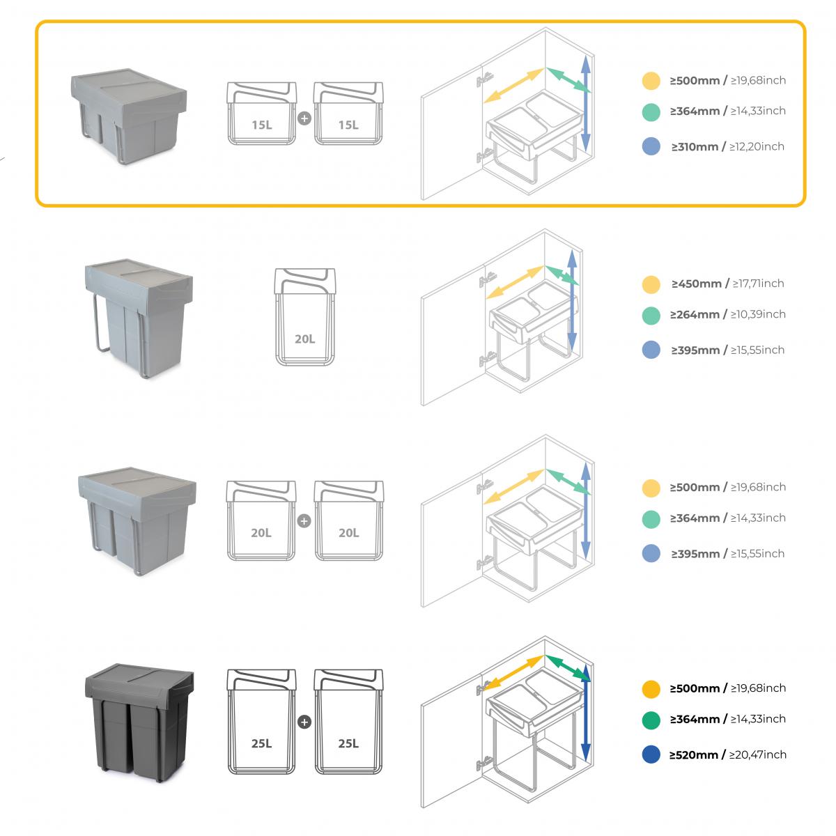 Contenedores de reciclaje para cocina, 2 x 15 L, fijación inferior y extracción manual.