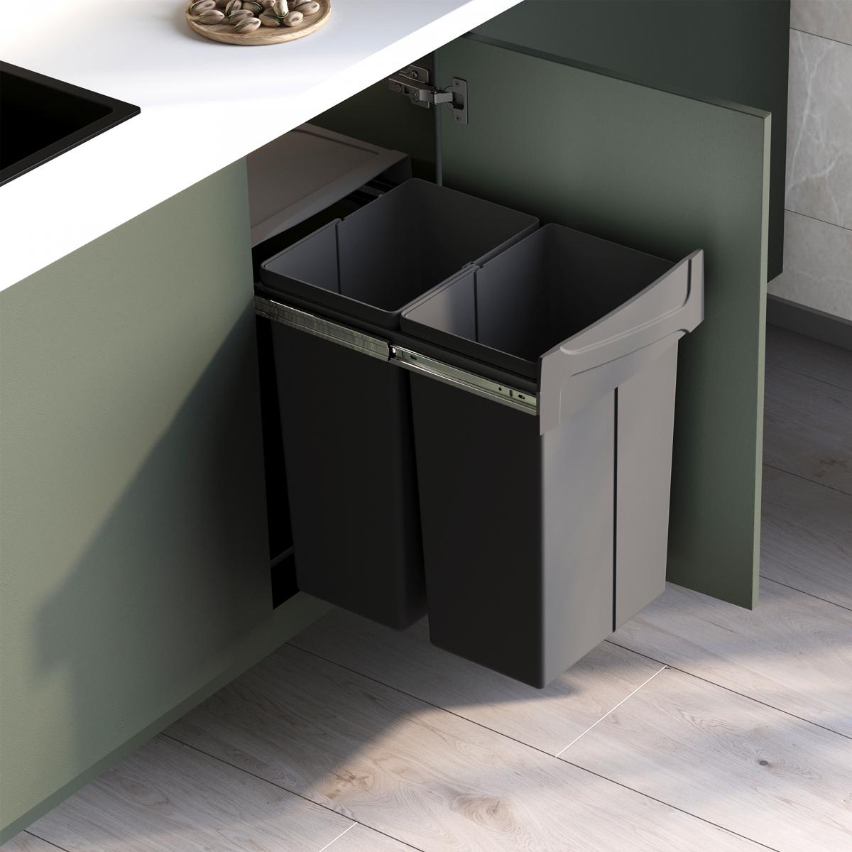 Contenedores de reciclaje Recycle para cocina, 2 x 25 L, fijación inferior y extracción manual