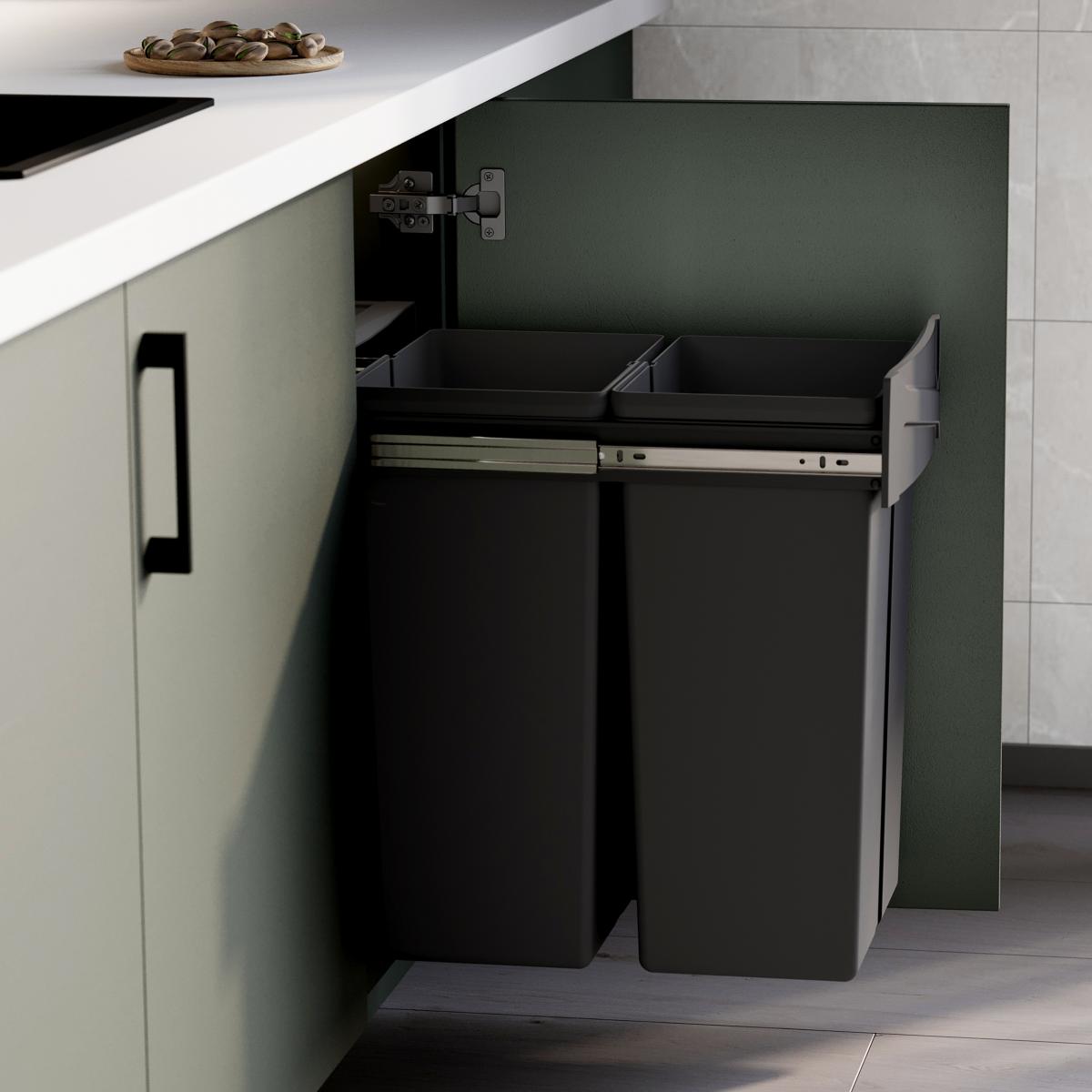 Contenedores de reciclaje Recycle para cocina, 2 x 25 L, fijación inferior y extracción manual
