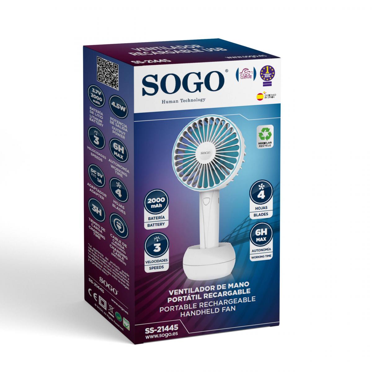 VENTILADOR DE MANO SOGO VEN-SS-21445 PORTATIL RECARGABLE 4W BCO-AZUL
