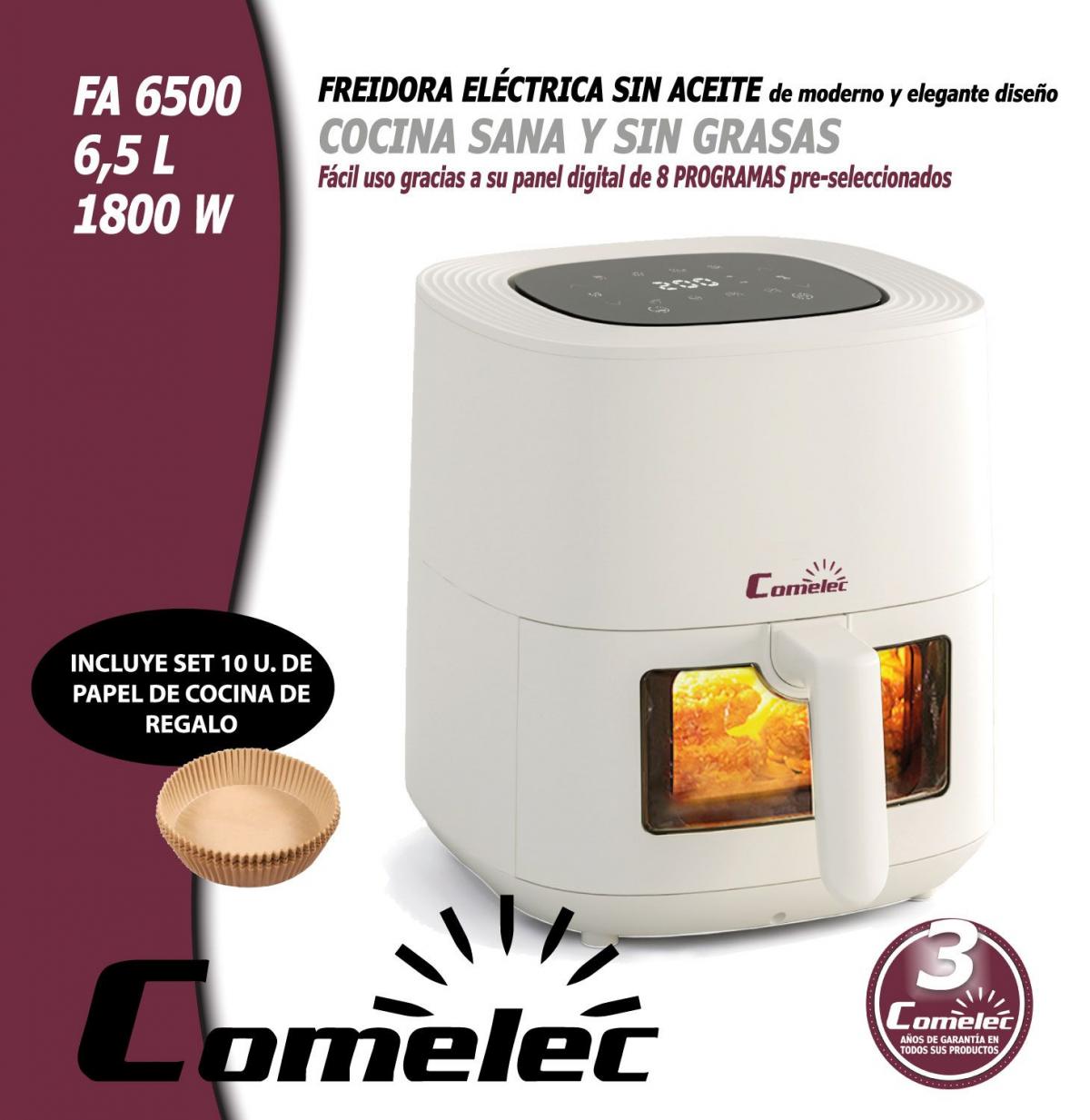 FREIDORA SIN ACEITE COMELEC FA6500 6,5L C-VENTANA + PAPEL HORNO