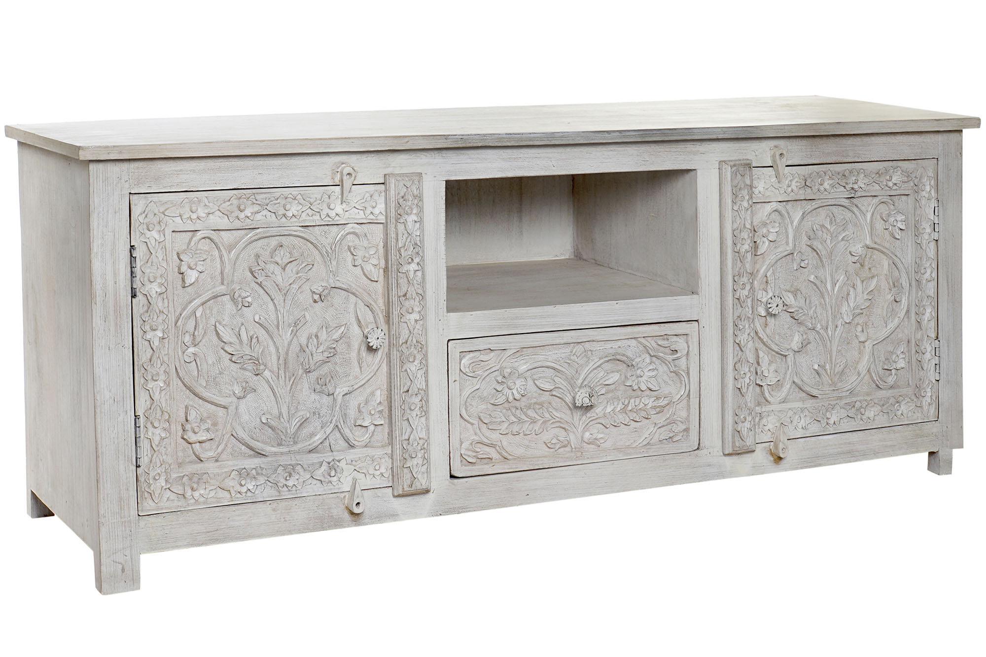 Mueble tv mango madera 151x40x60 envejecido blanco
