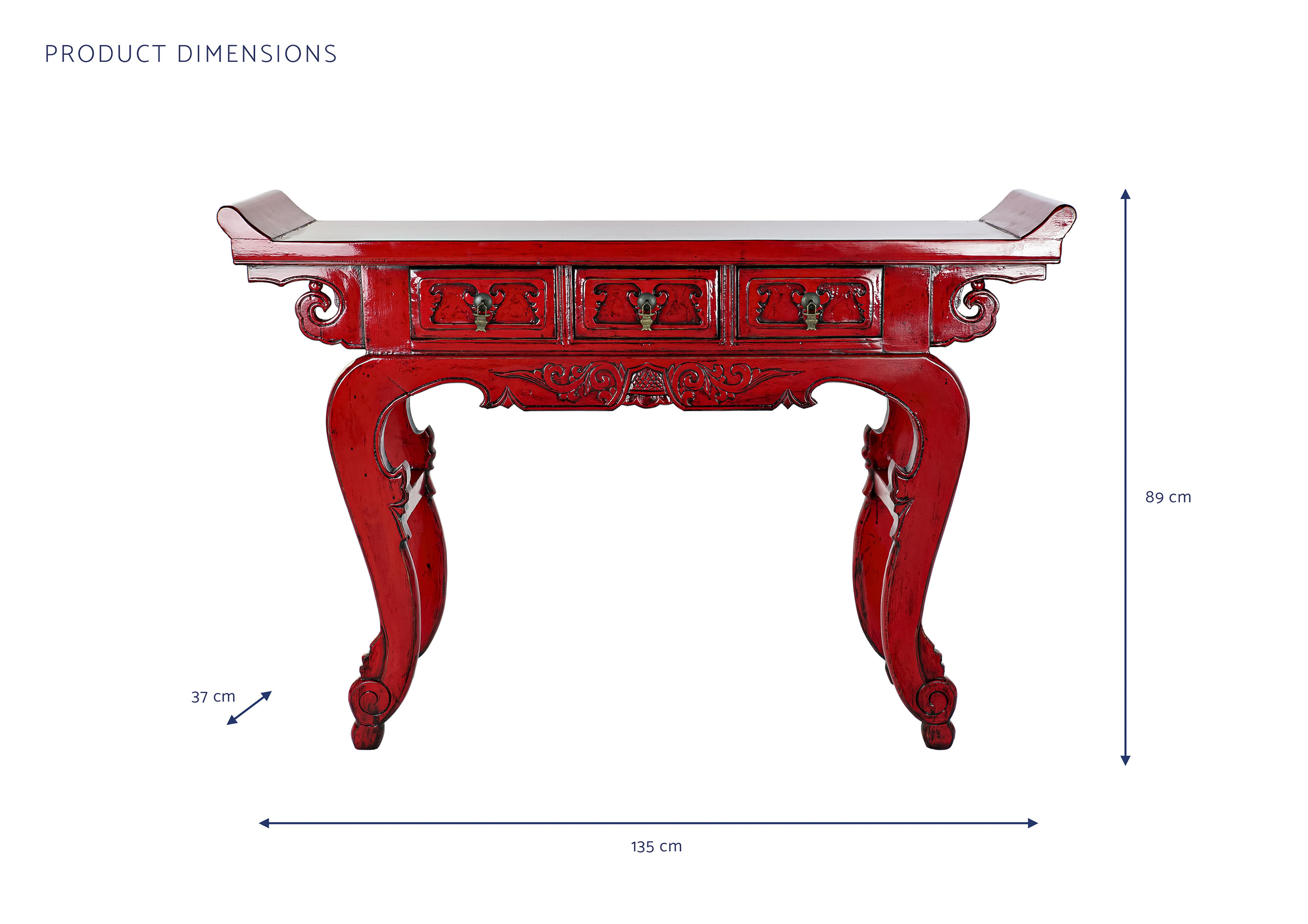 Consola olmo metal 135x37x89 3 cajones rojo