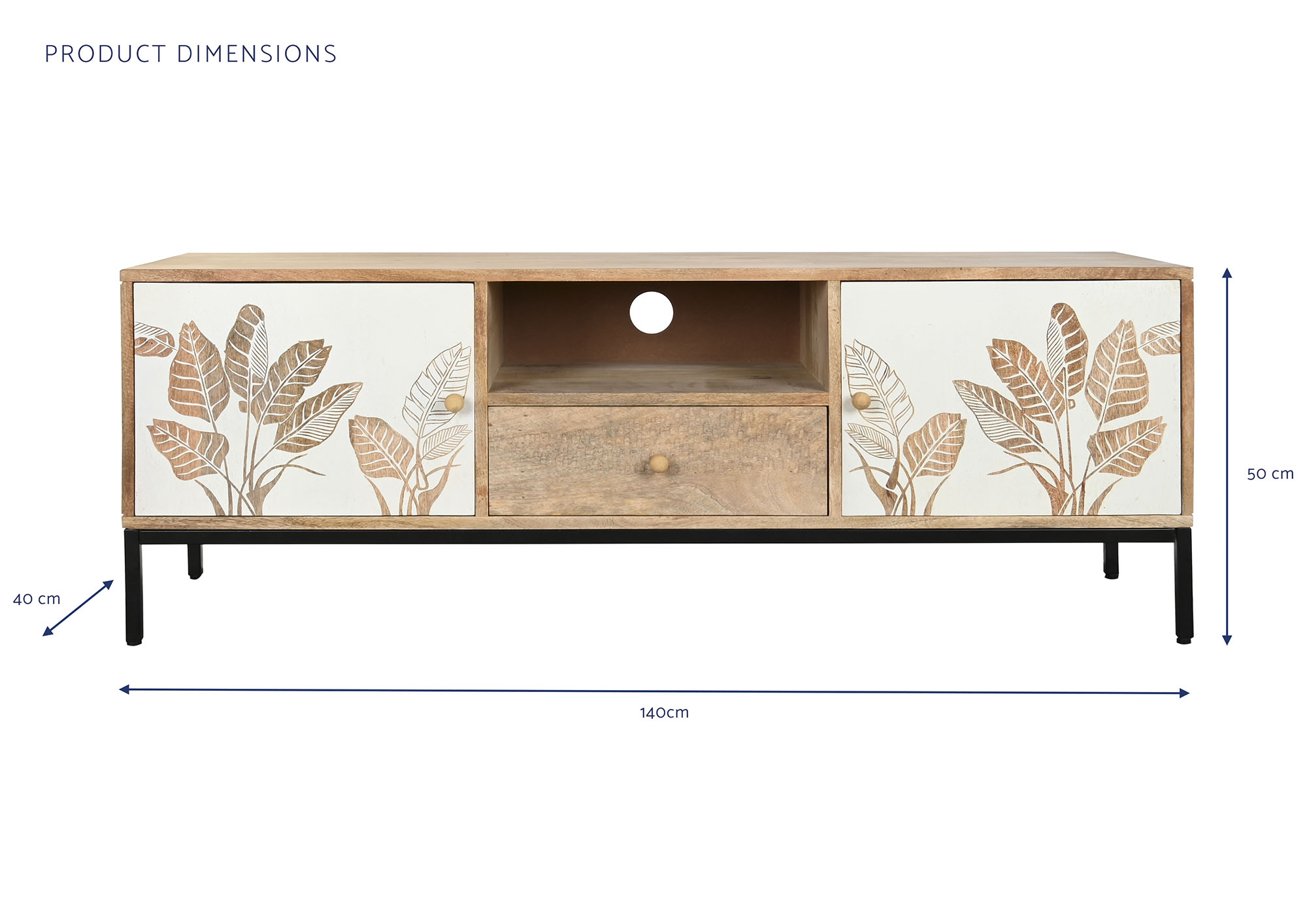 Mueble tv mango metal 140x40x50 hoja blanco