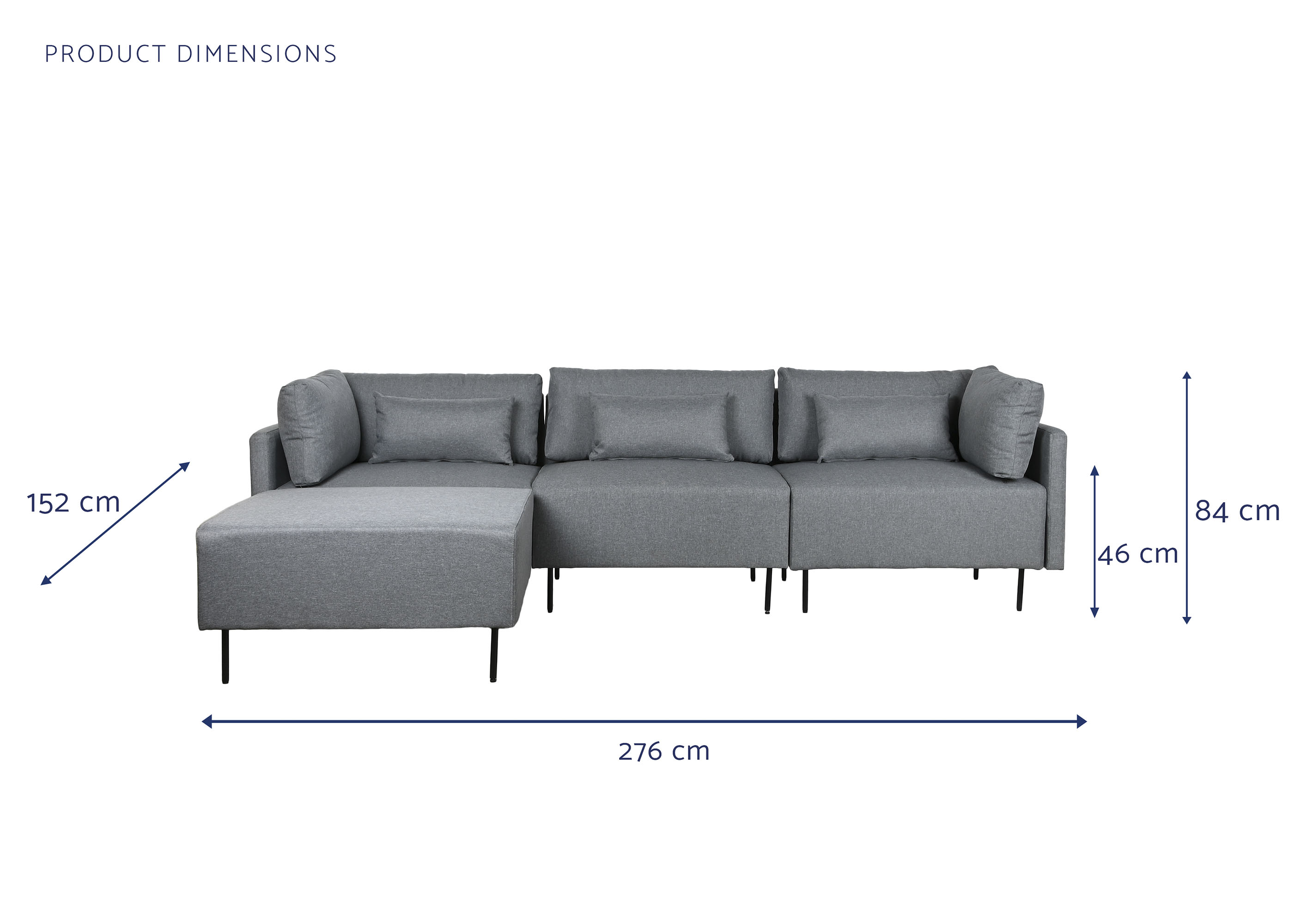 Sofa poliester metal 276x152,5x84 gris
