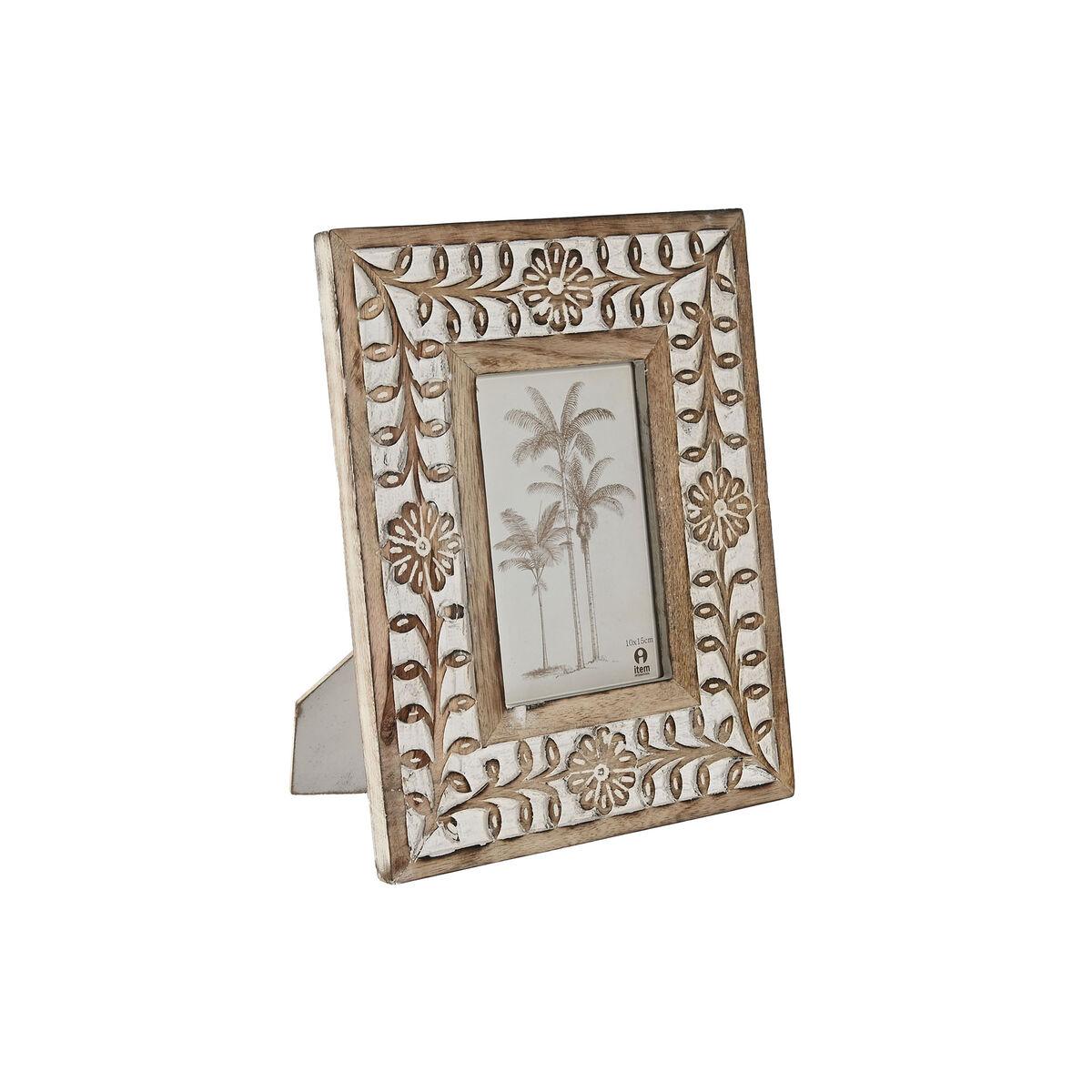 Marco de Fotos Home ESPRIT Blanco Natural Cristal Madera de mango Flor Indio 21 x 2 x 26,5 cm
