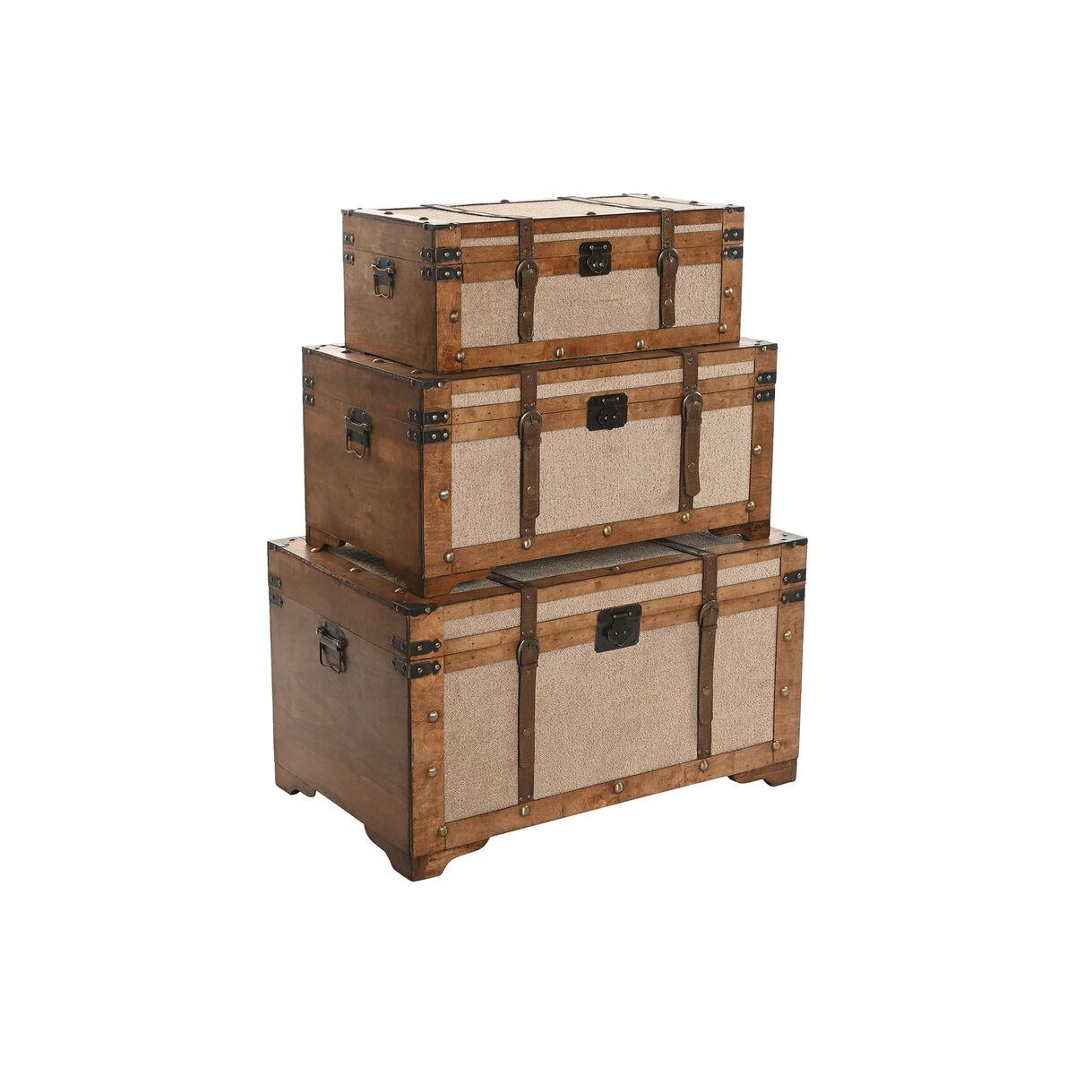 Juego de Baúles Home ESPRIT Marrón Beige Poliéster Madera 80 x 49 x 45 cm (3 Unidades)