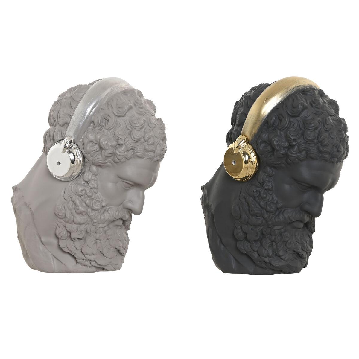 Figura Decorativa Home ESPRIT Negro Gris Dorado Plateado Auriculares 14 x 10 x 17 cm (2 Unidades)
