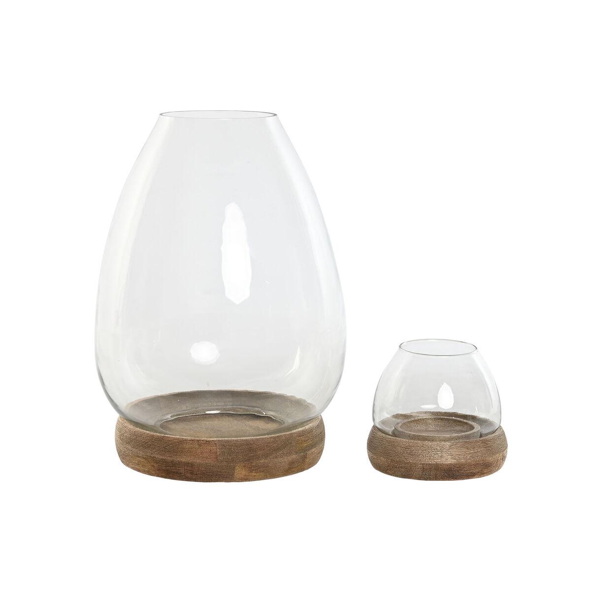 Portavelas Home ESPRIT Marrón Natural Cristal Madera de mango 30 x 30 x 40 cm (2 Unidades)