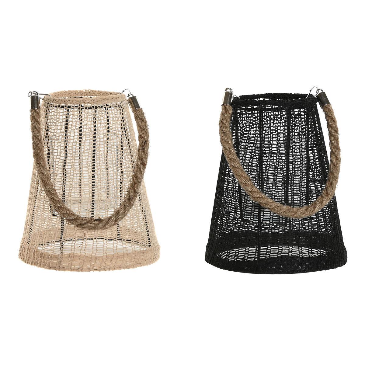 Portavelas Home ESPRIT Negro Natural Cristal Cuerda 19 x 19 x 22 cm (2 Unidades)
