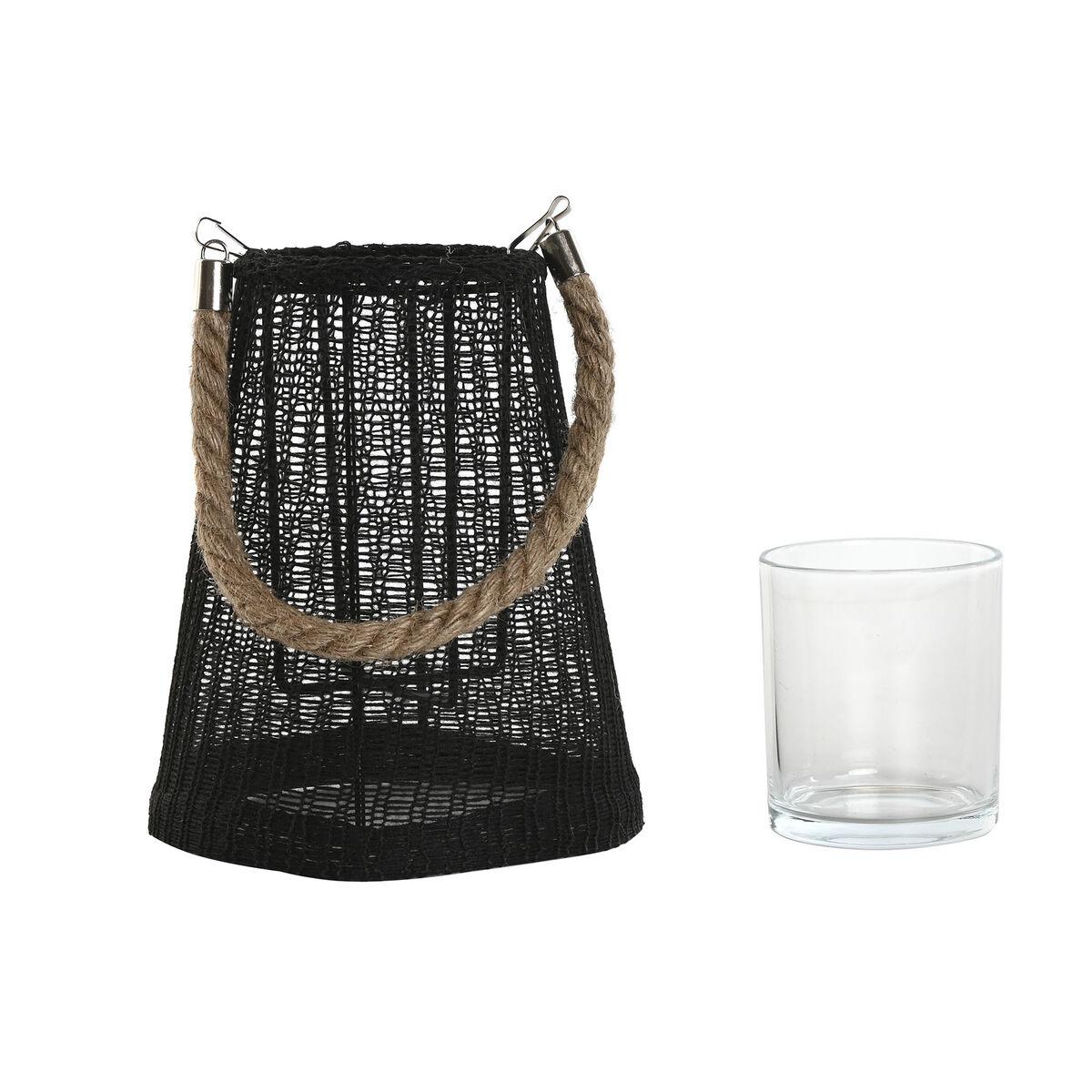 Portavelas Home ESPRIT Negro Natural Cristal Cuerda 19 x 19 x 22 cm (2 Unidades)