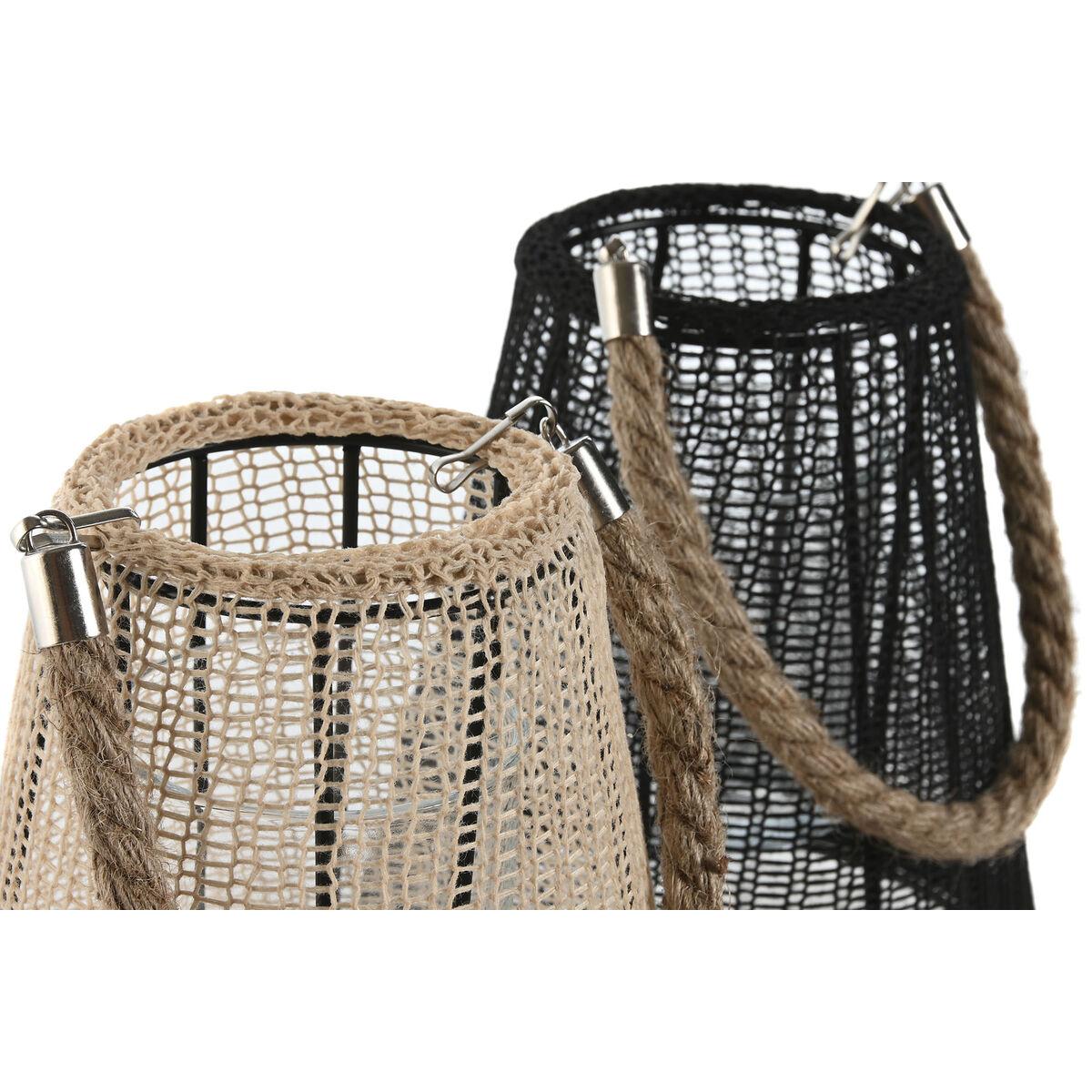 Portavelas Home ESPRIT Negro Natural Cristal Cuerda 19 x 19 x 22 cm (2 Unidades)
