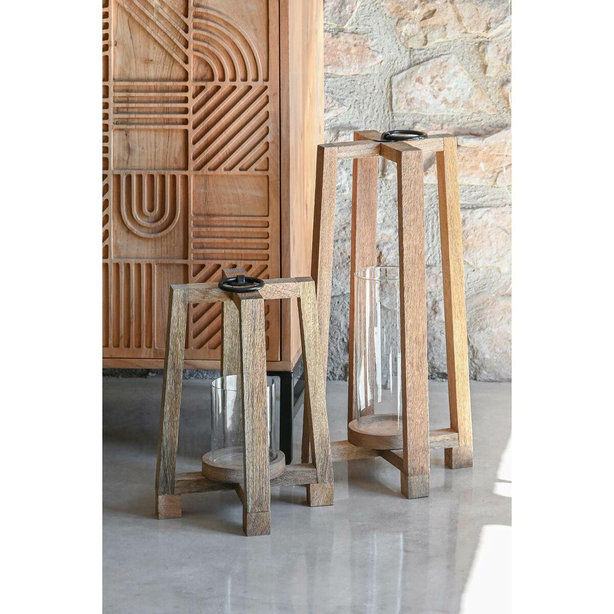 Portavelas Home ESPRIT Marrón Natural Cristal Madera de mango 27 x 27 x 54 cm