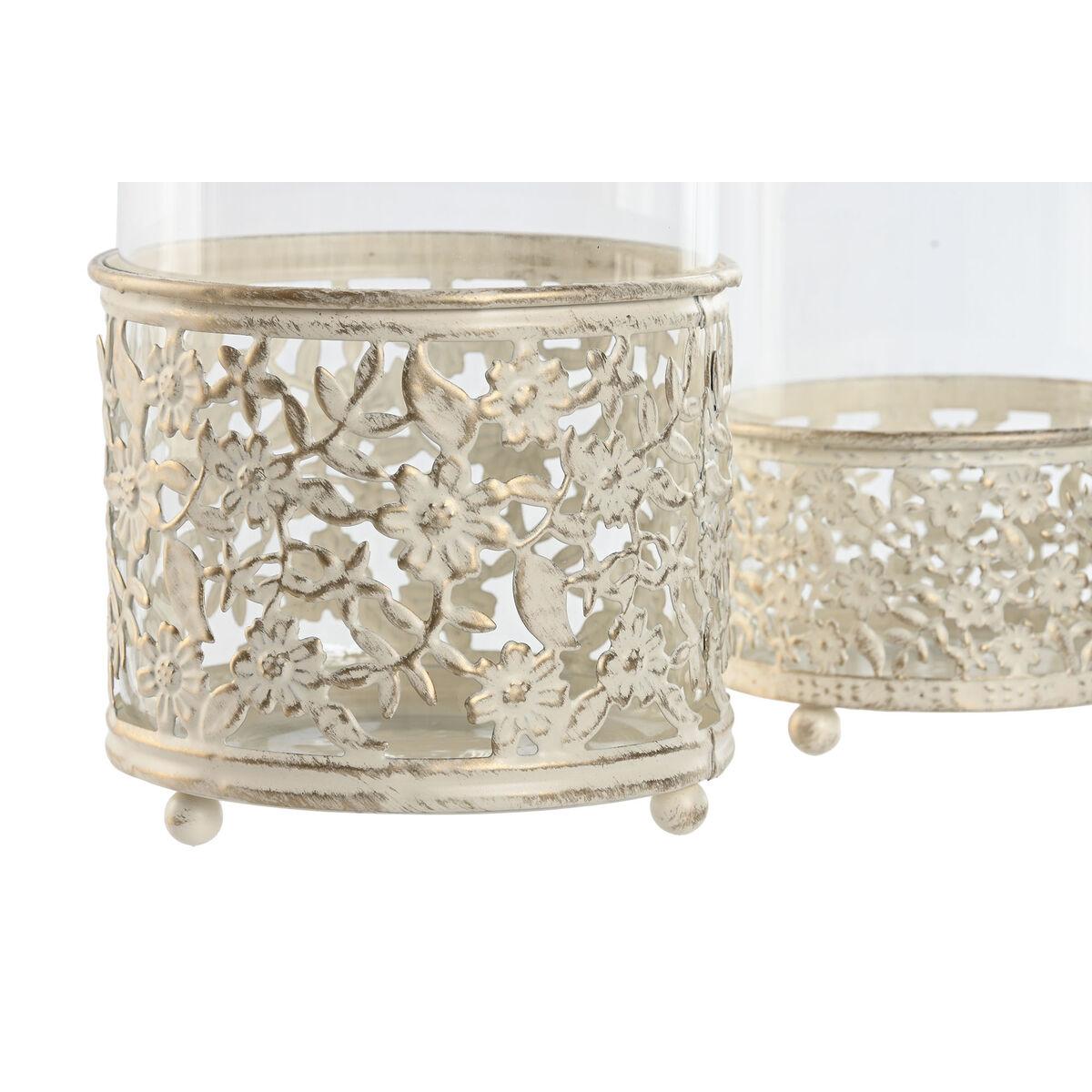 Portavelas Home ESPRIT Crema Metal Cristal 11 x 11 x 13 cm (2 Unidades)