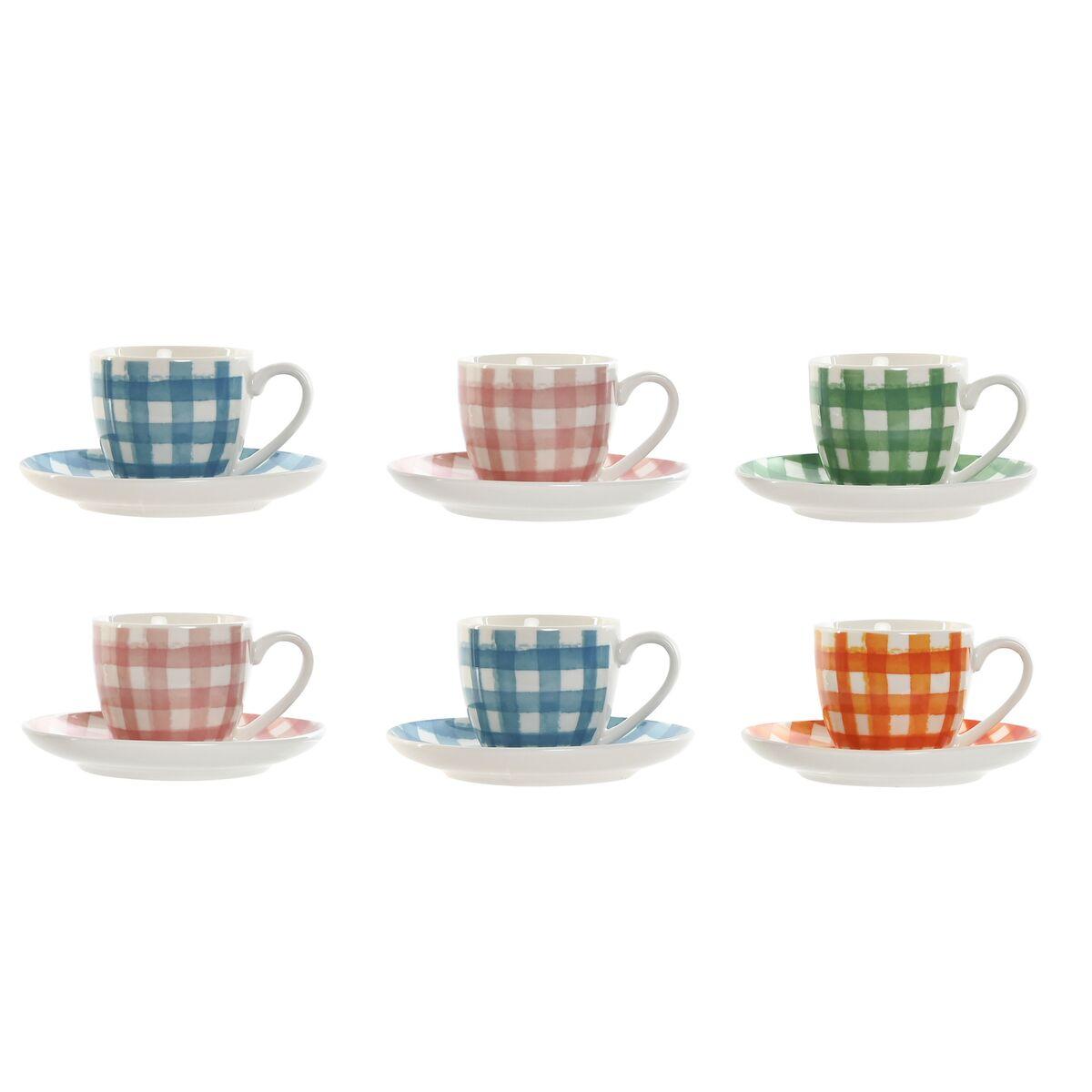 Juego de 6 Tazas con Plato Home ESPRIT Azul Blanco Verde Naranja Rosa Porcelana 90 ml