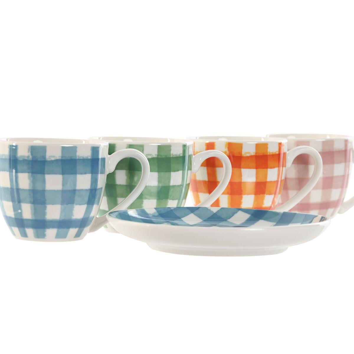 Juego de 6 Tazas con Plato Home ESPRIT Azul Blanco Verde Naranja Rosa Porcelana 90 ml