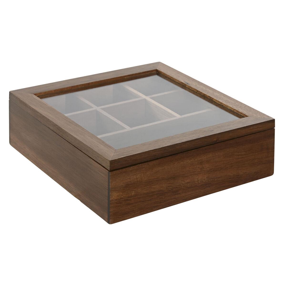 Caja para Infusiones Home ESPRIT Natural Cristal Madera de acacia 20,5 x 20,5 x 6,5 cm