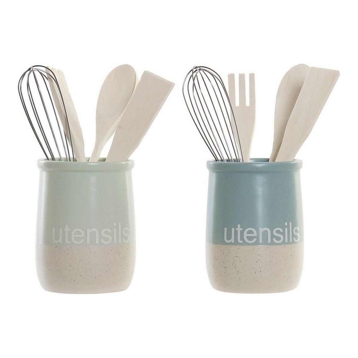 Bote para Utensilios de Cocina DKD Home Decor Madera de caucho Gres (2 pcs)